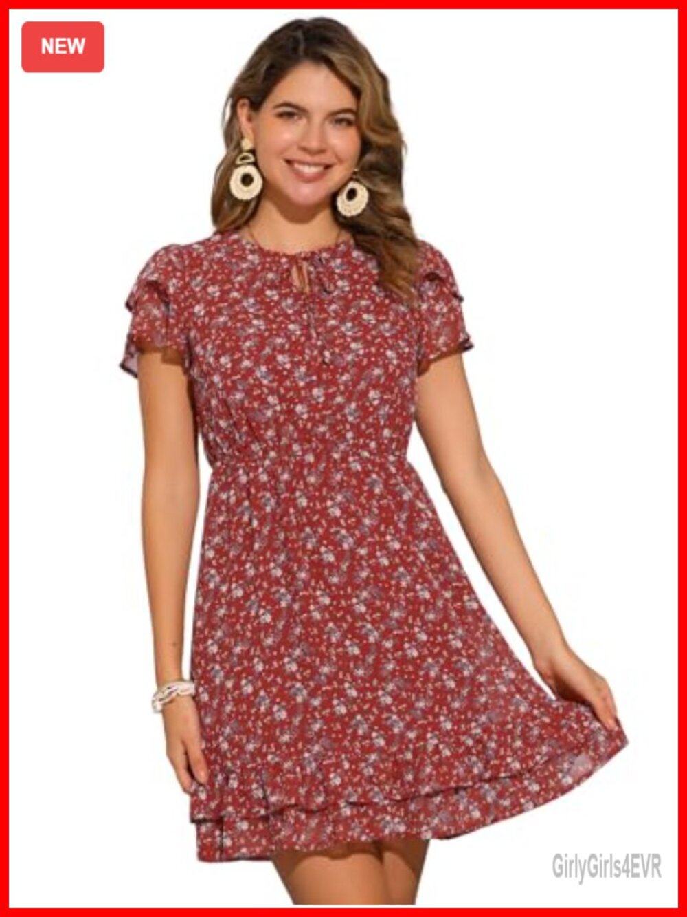 Allegra K Floral Chiffon Mini Dress Ruffle Petal Sleeve A-Line